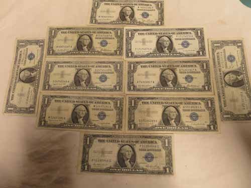 Lot of 10 Blue Seal $1 Silver Certificates (2- 1935, 8- (1 of 1)
