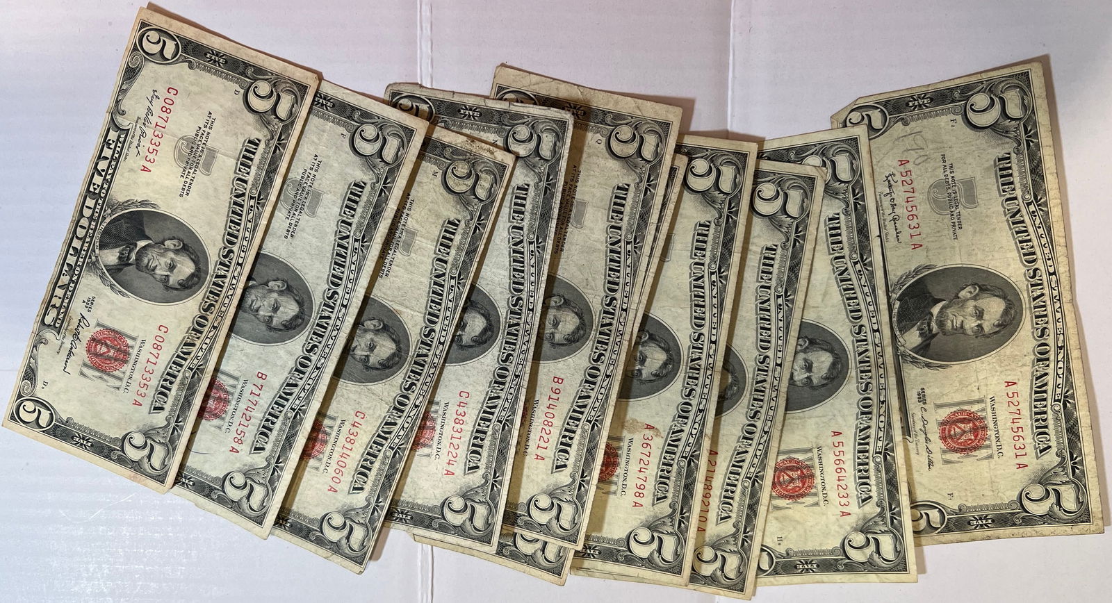 (10) 1953 $5 Red Seal Notes (1 of 1)
