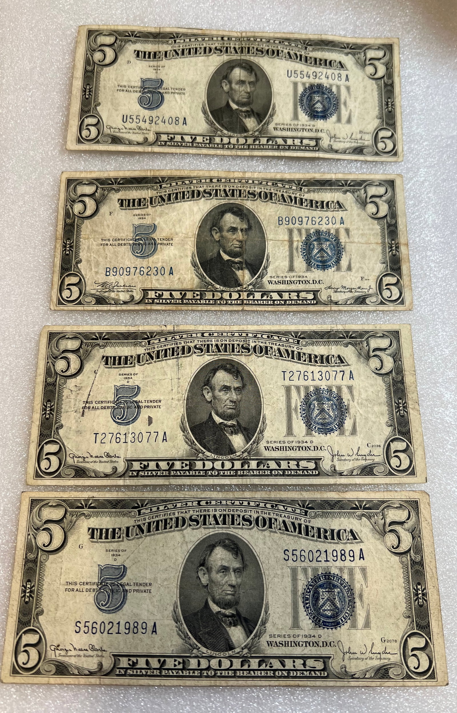 (4) 1934 $5 Silver Certificates (1 of 2)
