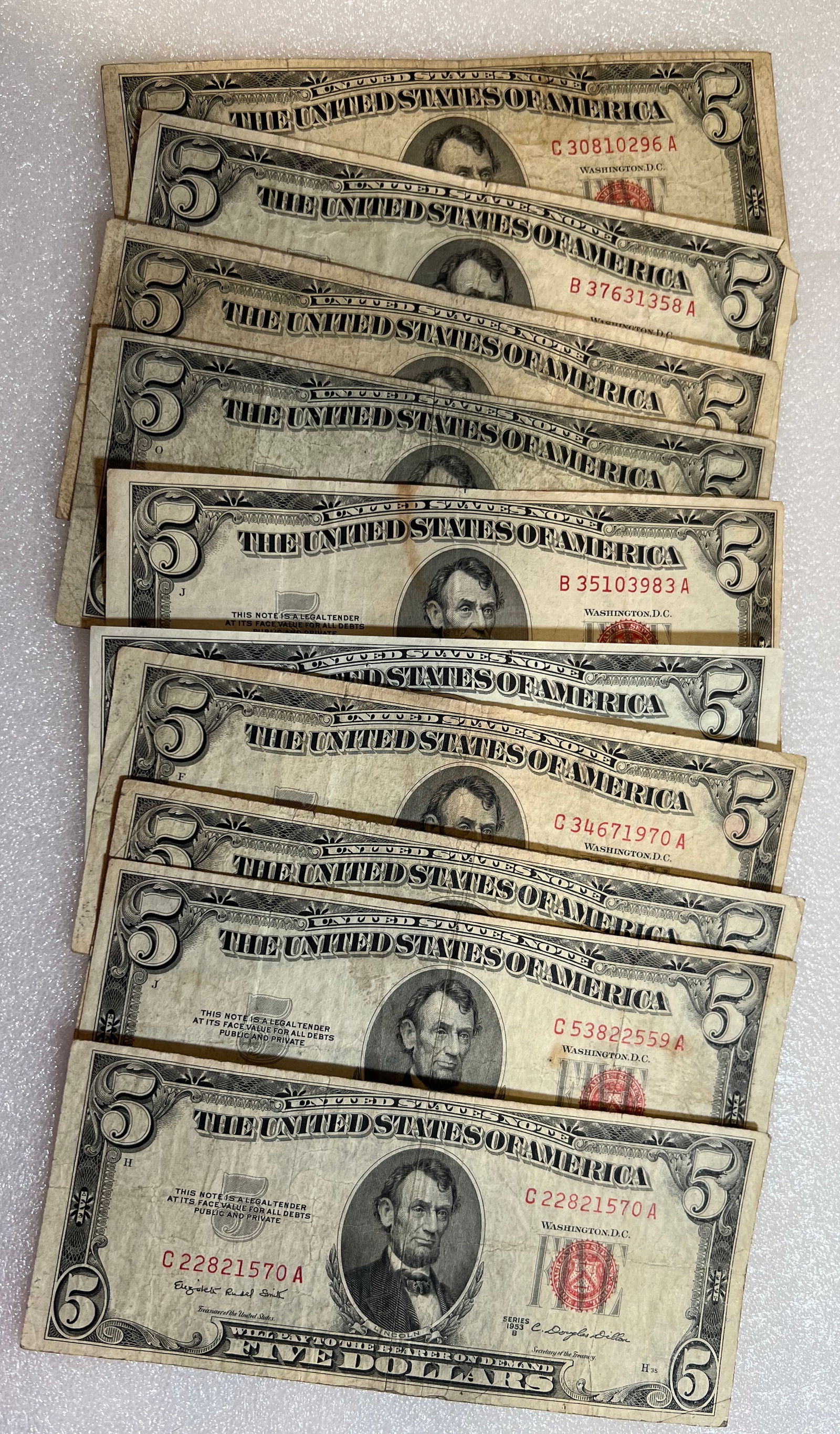 (10) 1953 $5 Red Seal Notes (1 of 1)