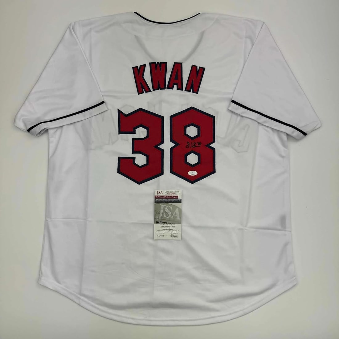 Autographed/Signed Steven Kwan Cleveland White Baseball Jersey JSA COA (1 of 3)