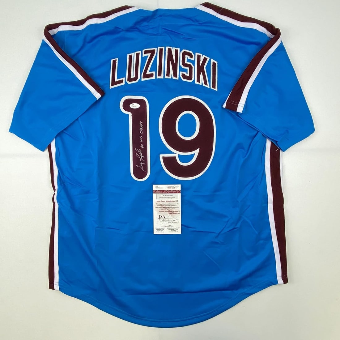 Autographed/Signed Greg Luzinski 80 WS Champs Philadelphia Retro Blue Baseball Jersey JSA COA (1 of 3)