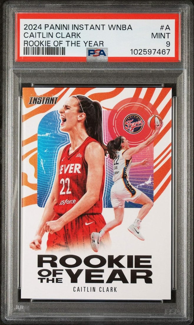 Graded 2024 Panini Instant WNBA Caitlin Clark #A Rookie of the Year Rookie RC Card PSA 9 Mint: The card is encapsulated and graded by Professional Sports Authenticator (PSA).