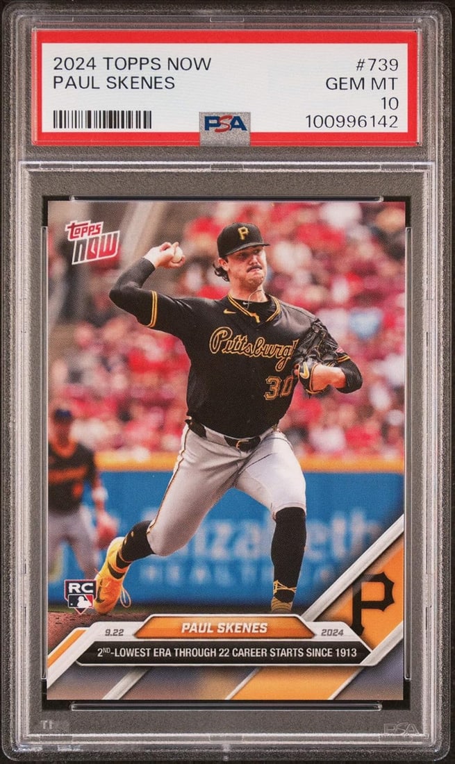 Graded 2024 Topps Now Paul Skenes #739 Rookie RC Baseball Card PSA 10 Gem Mint: The card is encapsulated and graded by Professional Sports Authenticator (PSA).