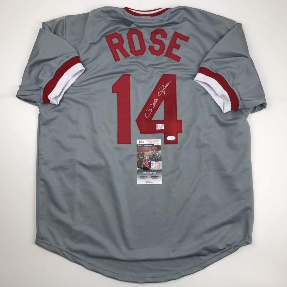 Autographed/Signed Pete Rose Cincinnati Grey Baseball Jersey JSA COA (1 of 4)
