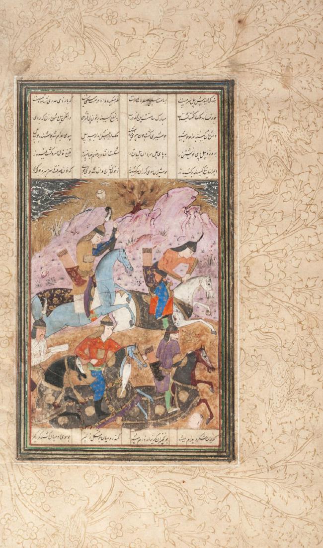 A Safavid illustrated folio from the Shahnamah, Iran,: A Safavid illustrated folio from the Shahnamah, Iran, circa 1550, with four columns of nasta'liq script above and below, gouache on paper heightened with gilt, borders with landscape scenes, glazed an