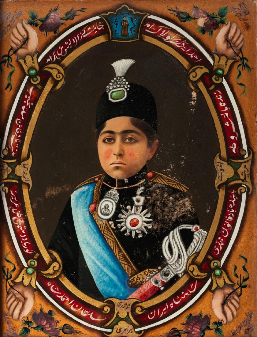 A reverse glass portrait of Ahmed Shah (1898-1930),: A reverse glass portrait of Ahmed Shah (1898-1930), Iran, 19th century, shown as a young boy, set within an oval and decorated with floral detail, 27.5 x 20.4cm Note: Ahmad Shah Qajar was the Shah of