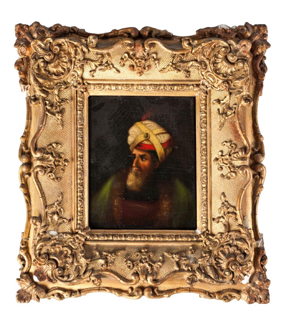 A portrait of Mirza Abul Hassan Khan, oil on board, in: A portrait of Mirza Abul Hassan Khan, oil on board, in gilt gesso frame, panel 13 x 10cm.