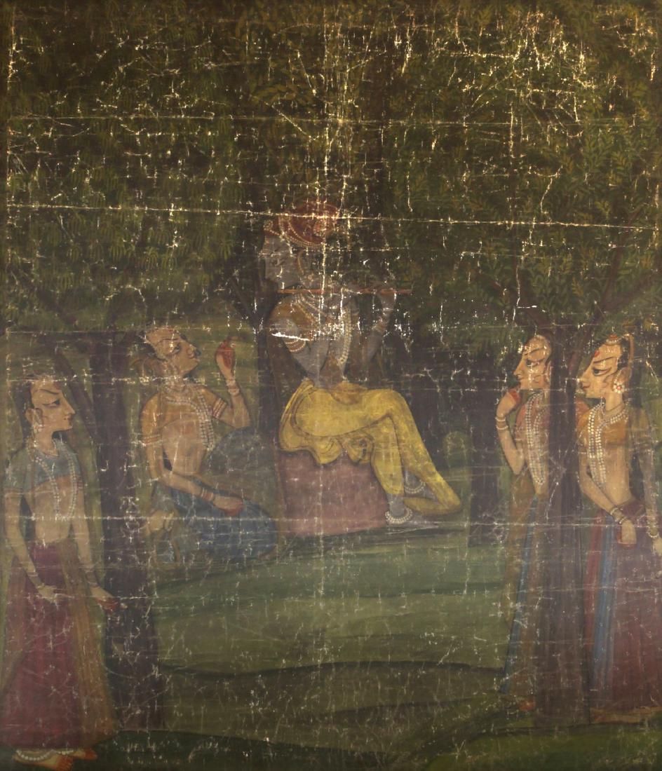 A large painting of Krishna playing the flute to Radha: A large painting of Krishna playing the flute to Radha and gopis, Kishangarh school, late 19th-early 20th century, gouache on linen, glazed and framed, 119 x 135cm.