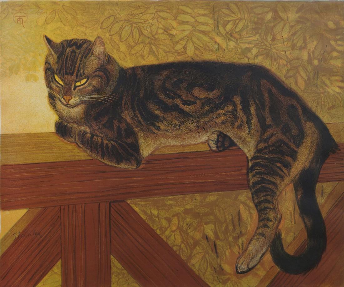 Theophile Alexandre Steinlen, Swiss 1859-1923-: Theophile Alexandre Steinlen, Swiss 1859-1923- Summer cat on a fence, 1909; lithograph in colours, signed in pencil, 49x58.6cm