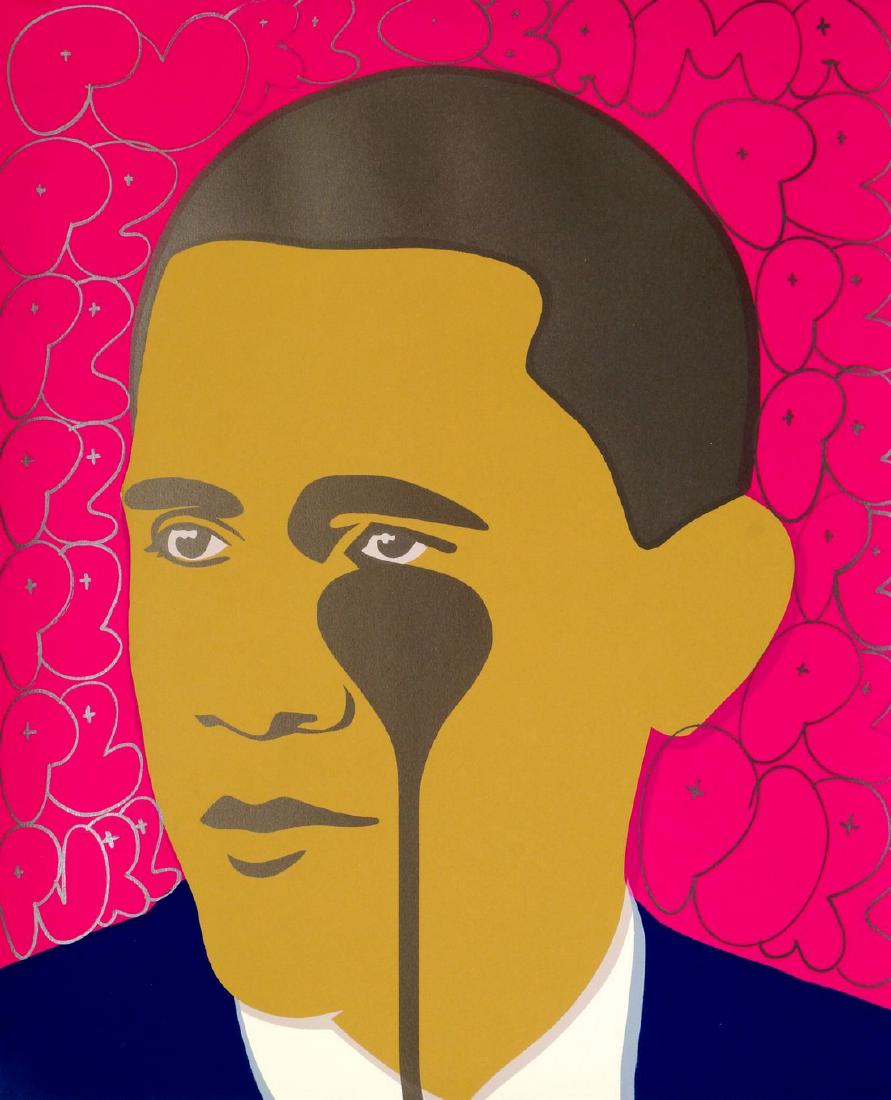Pure Evil (Charles Uzzell Edwards), British b.1968-: Pure Evil (Charles Uzzell Edwards), British b.1968- ''Pure Obama Bubble Pink'', 2016; screenprint in colours with stencil spray paint and Krink and Posca marker pens, signed and numbered 1/1 in pencil