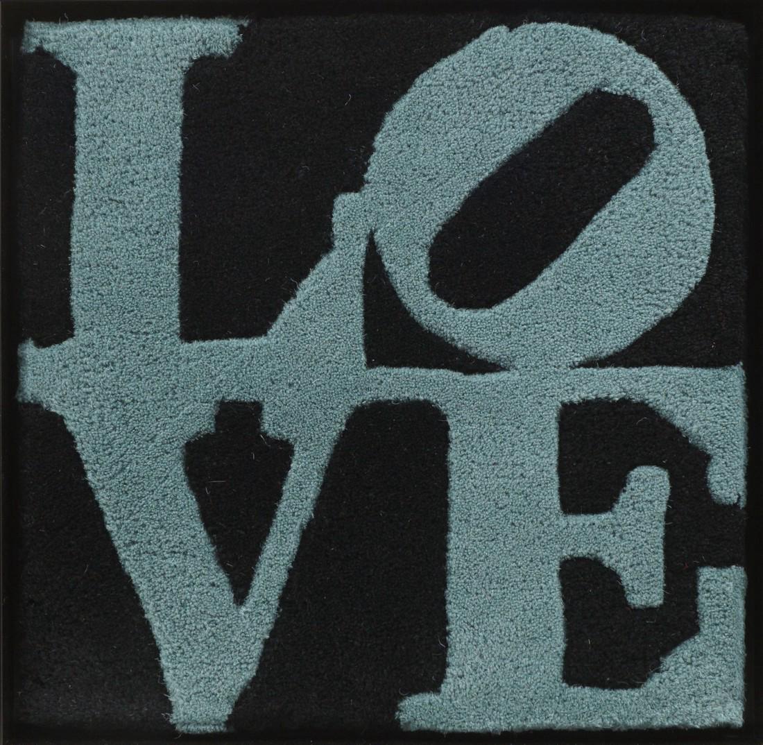 Robert Indiana, American b.1928- ''Winter Love'',: Robert Indiana, American b.1928- ''Winter Love'', 2006; multiple, hand tufted wool, produced for Galerie-F, Germany, in an ebonised frame, manufacturer's label numbered 214 attached to the reverse, 38