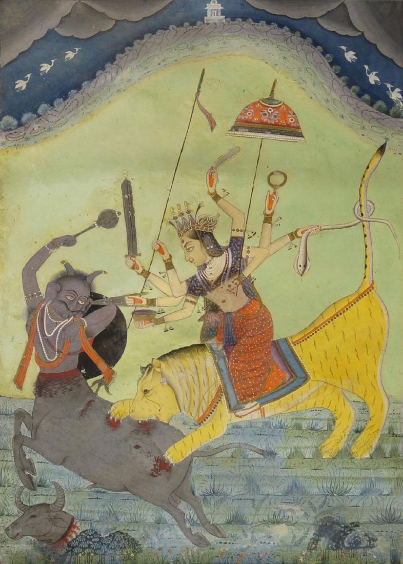 Durga slaying a demon, Bikaner, 18th century, gouache: Durga slaying a demon, Bikaner, 18th century, gouache on paper heightened with gilt, signed to reverse Uste Gazghar in devangari script, 30 x 20cm.