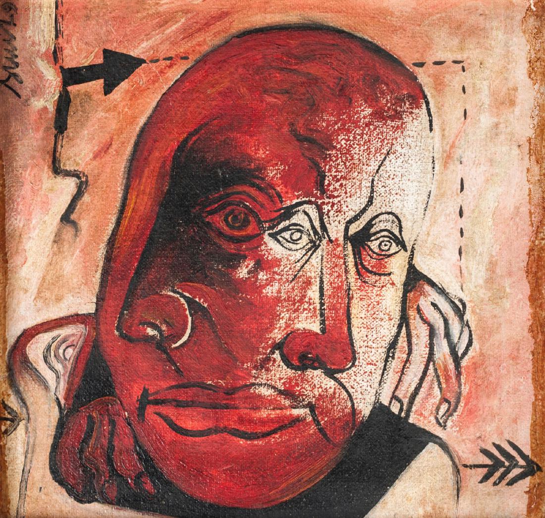 Sunil Das, Indian 1939-2015- Untitled, head; oil on: Sunil Das, Indian 1939-2015- Untitled, head; oil on canvas, signed and dated indistinctly '9-', 18.5x19.1cm Provenance: Purchased by the present owner from a private collector Note: Certificate of Aut