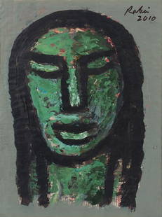 Rabin Mondal, Indian b.1929- ''Face'', 2010; acrylic on: Rabin Mondal, Indian b.1929- ''Face'', 2010; acrylic on newspaper print, signed and dated in black pen, 33x24cm Provenance: Purchased by the present owner directly from the artist Note: Certificate