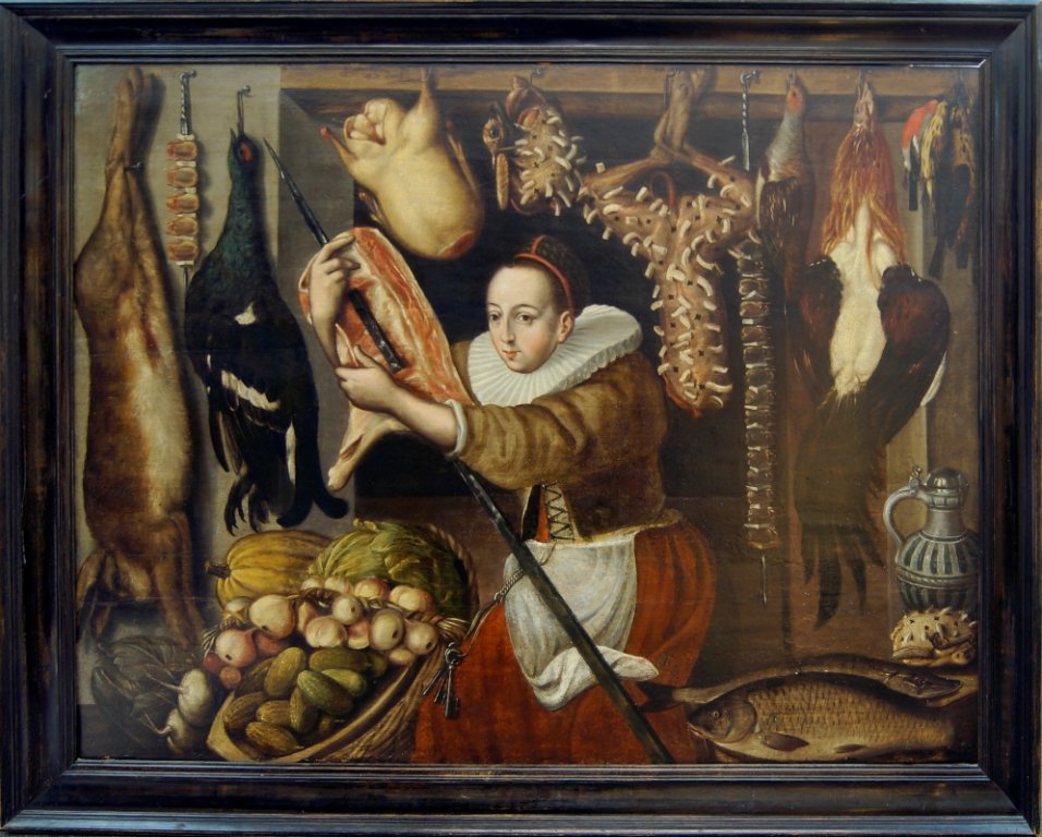 Dutch School, 17th century- Still life of a larder with: Dutch School, 17th century- Still life of a larder with a maid; oil on cradled panel, in an ebonised ogee moulding frame, 96x124cm