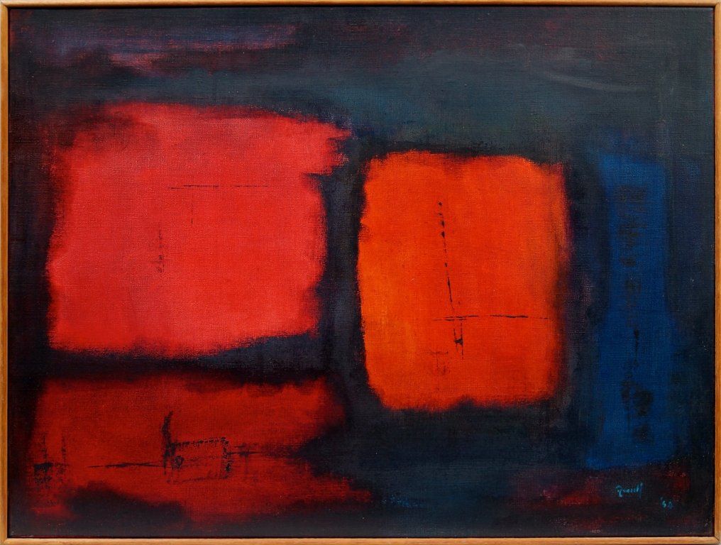 Ron Russell, Australian/British 1923-1994- Abstract in: Ron Russell, Australian/British 1923-1994- Abstract in red; oil on canvas, signed and dated 64, inscribed and dated on the reverse, 46x61cm (may be subject to Droit de Suite) Provenance: Purchased fro