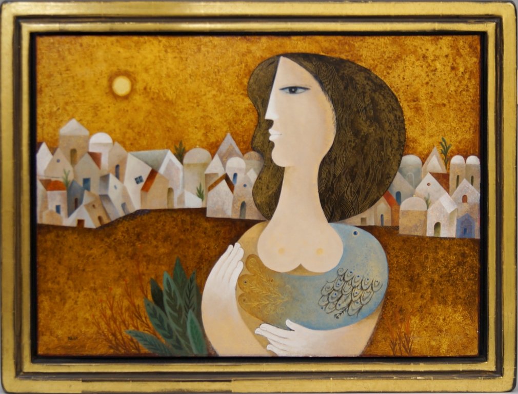 Sami Briss, Romanian/Israeli, b.1930- Woman with a: Sami Briss, Romanian/Israeli, b.1930- Woman with a feathered scarf by a village; oil on panel, signed, 50.5x70cm