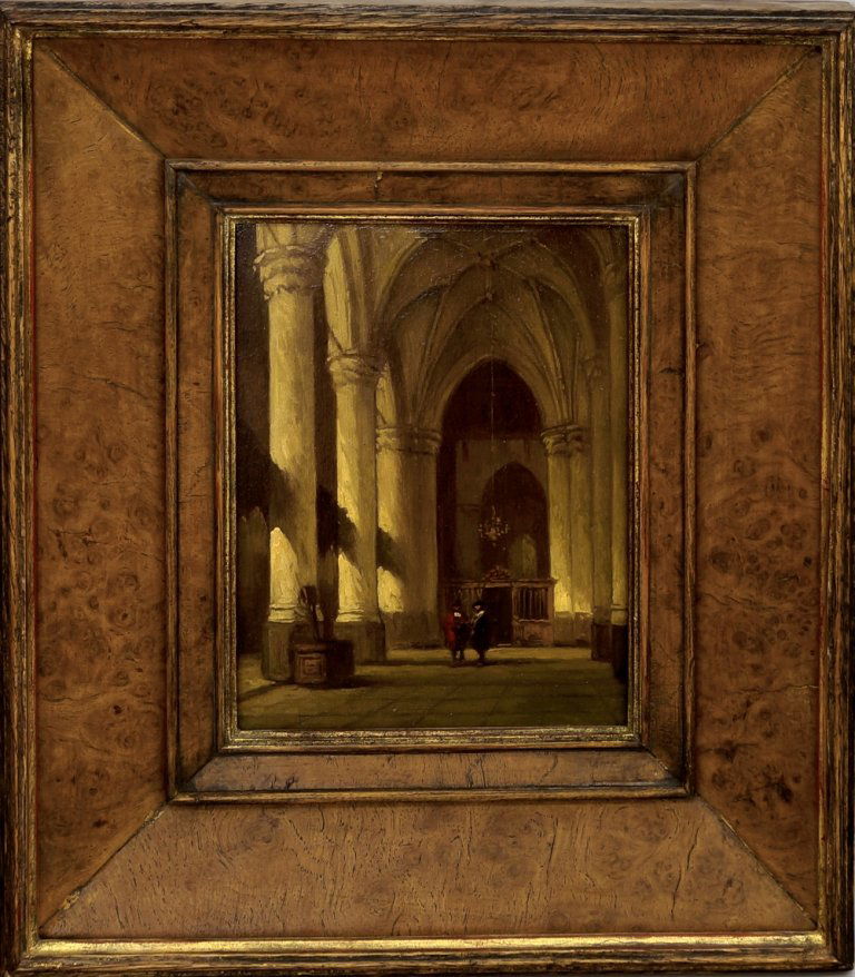 Dutch School, early 19th century- Two figures in a: Dutch School, early 19th century- Two figures in a church interior; oil on cradled panel, 21.5x17cm