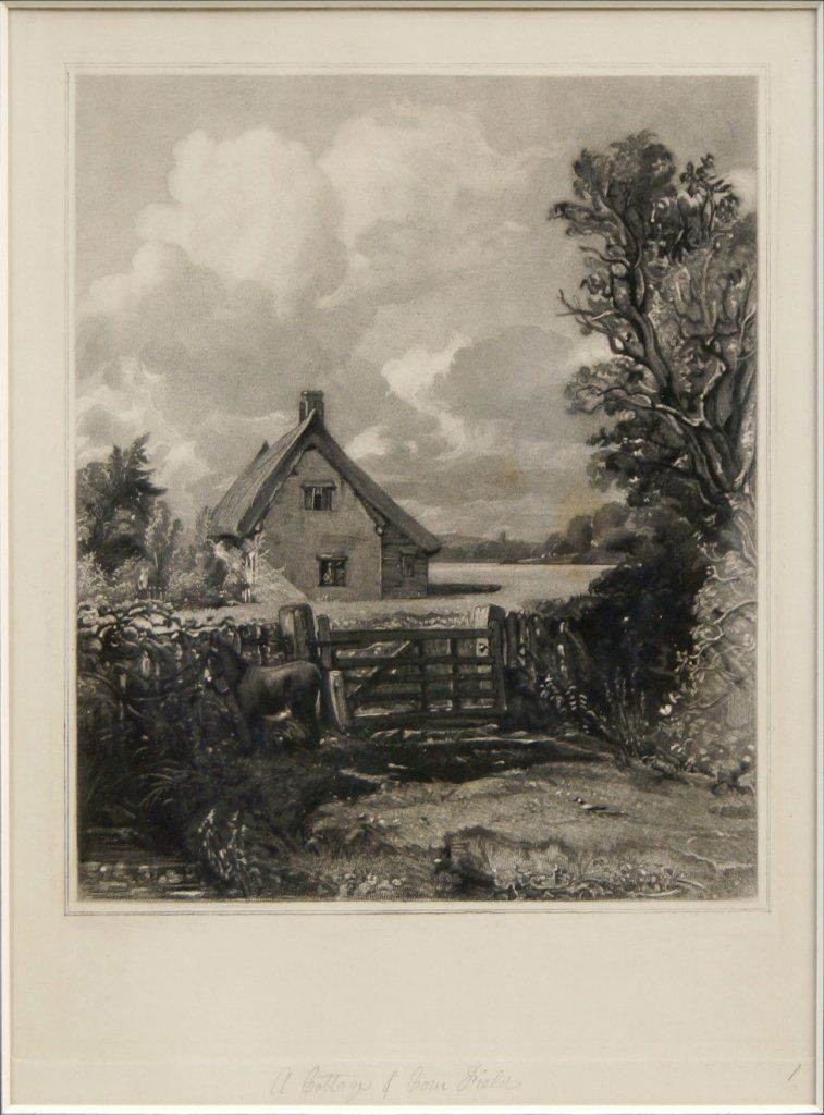 David Lucas, British 1802-1881- ''A Cottage in a: David Lucas, British 1802-1881- ''A Cottage in a Cornfield'', after John Constable RA, from New Series of Engravings, illustrative of English Landscape, publ 1844; mezzotint, proof before letters, bea