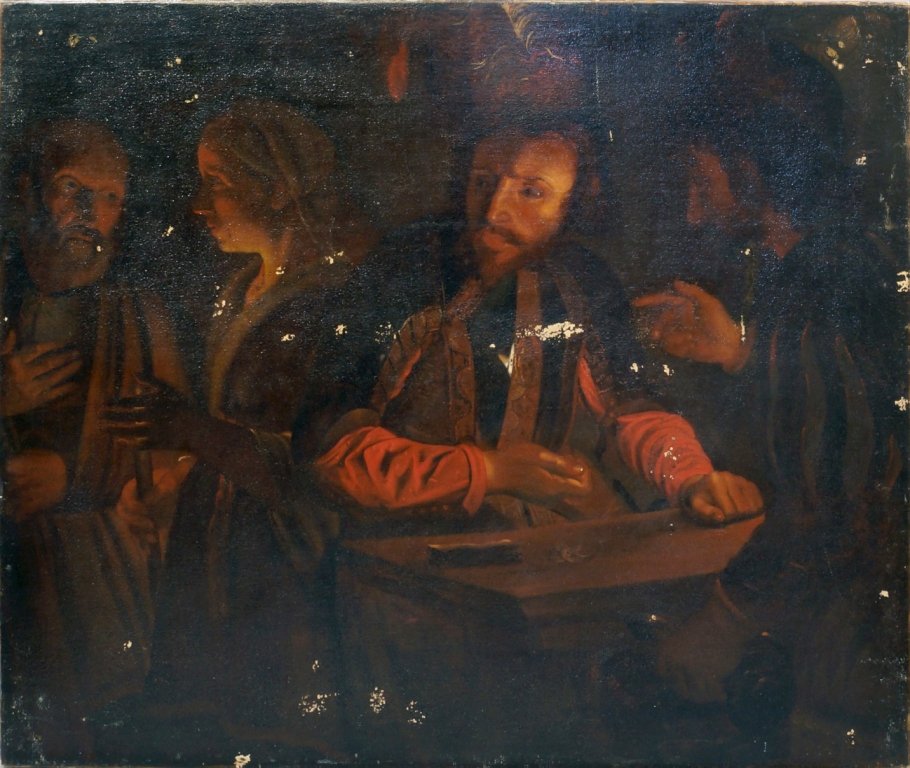 Follower of Georges de La Tour, French 1593-1652, 18th: Follower of Georges de La Tour, French 1593-1652, 18th century-The Denial of St Peter; oil on canvas, bears inscription on the reverse, 'deposition by John MacFarlane for a time during his pleasure in