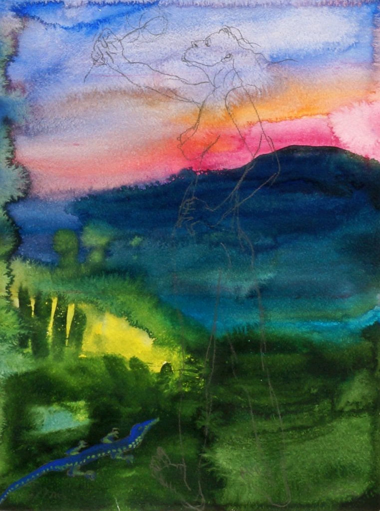 Rainer Fetting, German b.1949- ''Cortona''; mixed: Rainer Fetting, German b.1949- ''Cortona''; mixed technique watercolour, gouache and pencil, signed and titled in pencil, 50x36cm, (may be subject to Droit de Suite)