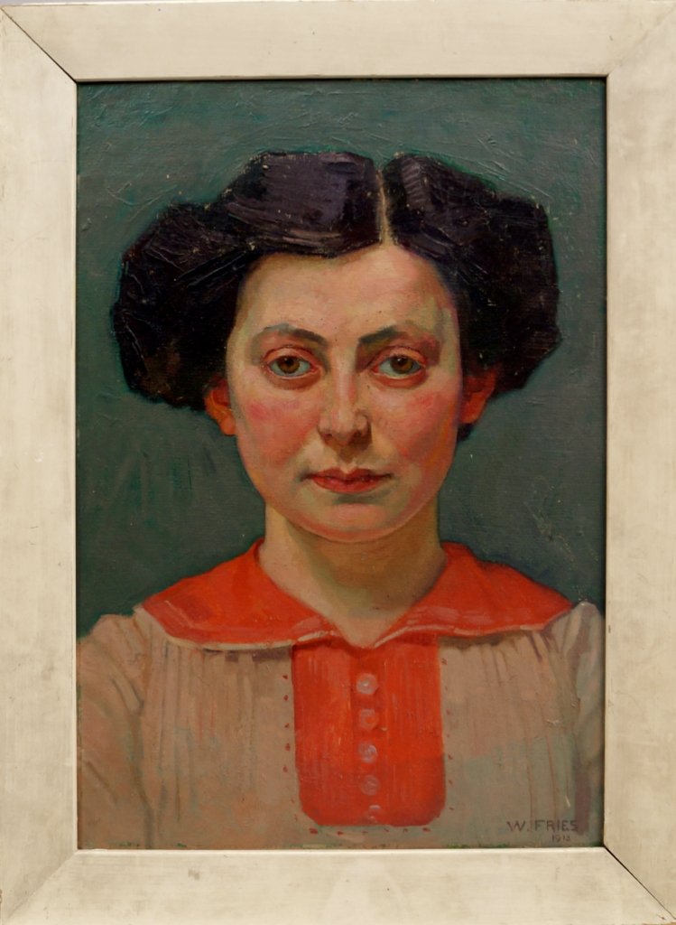 Willi Fries, Swiss 1907-1980- Portrait of Hertha: Willi Fries, Swiss 1907-1980- Portrait of Hertha Schoenlank, head and shoulders; oil on board, signed and dated 1913, inscribed and dated Zurich April 1913 on the reverse, 49x34cm