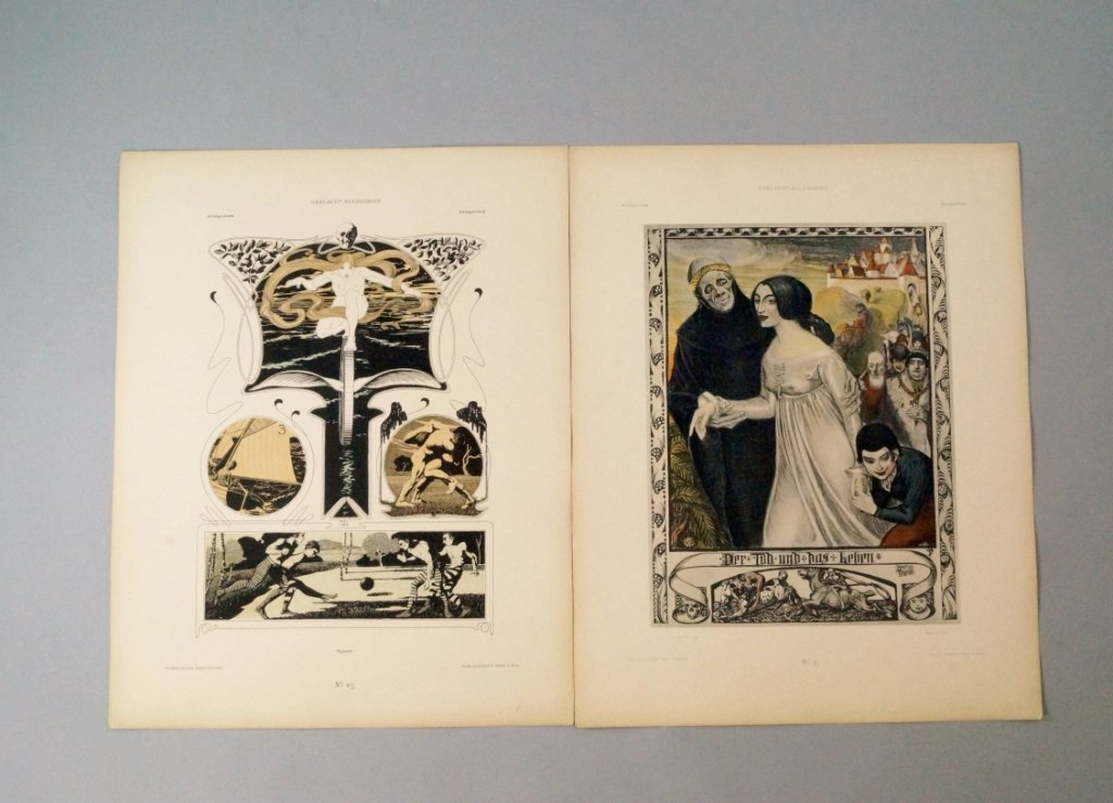 Publ. Gerlach & Schenk, Vienna, c.1900- Gerlach's: Publ. Gerlach & Schenk, Vienna, c.1900- Gerlach's Allegorien, a quantity of plates, after various artists including Koloman Moser and Heinrich Lefler, some mounted and in cellophane wraps, (a lot, unf