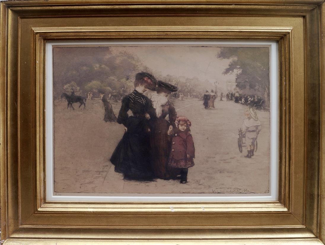 Manuel Robbe French 1872-1936- Figures promenading in: Manuel Robbe French 1872-1936- Figures promenading in the Tuileries; etching with aquatint printed in colours, signed within the plate, inscribed No 44 in pencil, 28.5x39cm