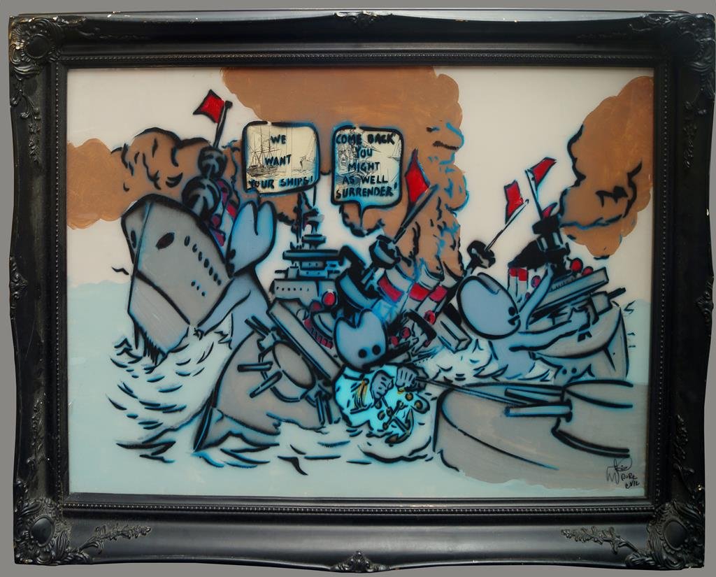 Pure Evil, British b.1968- ''Welcome to Somalia'';: Pure Evil, British b.1968- ''Welcome to Somalia''; mixed technique collage, oil, spray paint and reverse glass painting, signed, signed and titled on the reverse, 60x90cm, (may be subject to Droit de