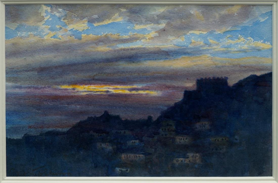 Philippa Anna Frederica Stephenson OBE, British fl.: Philippa Anna Frederica Stephenson OBE, British fl. 1896-1937- ''Sunrise from the Peak, Hong Kong''; watercolour, signed, bears label with inscription on the reverse, 14x21.5cm