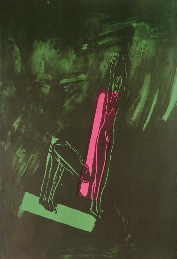 Bruce McLean, Scottish b.1944- ''She Sleeps with a: Bruce McLean, Scottish b.1944- ''She Sleeps with a Jug''; lithograph printed in colours, signed, dated 1986 and numbered 5/25 in pencil, 104x76.5cm: together with two further lithographs printed in co