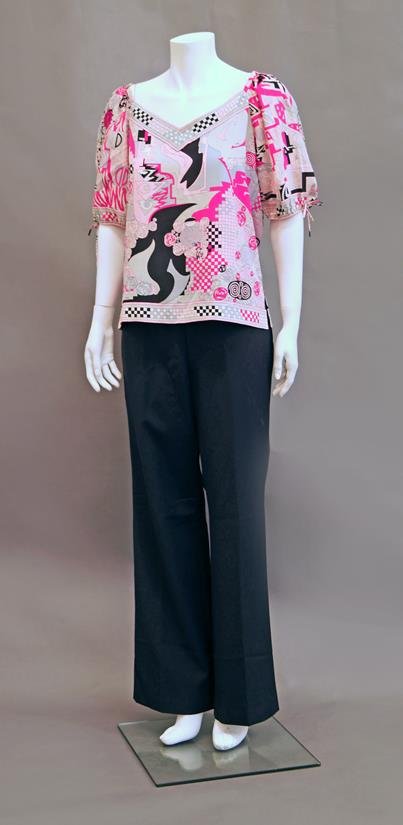 Emilio Pucci: A cerise, pink and grey silk blouse,: Emilio Pucci: A cerise, pink and grey silk blouse, 1970s, the elasticated short sleeves with rouleau ties, together with a Pucci vest top, in shades of blue, a 1970s shocking pink silk moire jacket, u