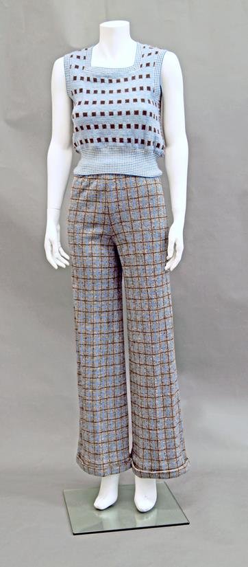 Missoni: A knitted tank top, of duck egg blue and brown: Missoni: A knitted tank top, of duck egg blue and brown wool, labelled Missoni, together with a pair of knitted bell bottom trousers, unlabelled and a Missoni knitted shirt top, all in complimentary c