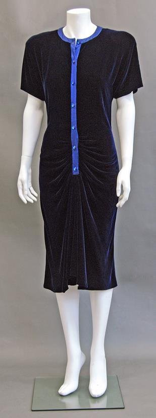 Bruce Oldfield: A midnight blue velvet cocktail dress,: Bruce Oldfield: A midnight blue velvet cocktail dress, the collarless and short sleeved gown with button front and ruched detailing, together with a Bruce Oldfield royal blue silk crepe dress with ruc