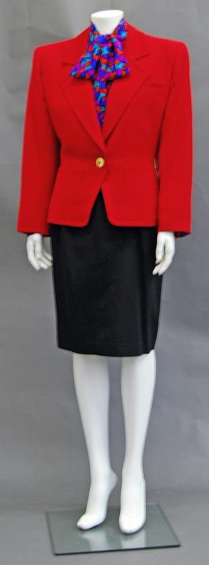 Yves Saint Laurent: A collection of clothing, 1980s, to: Yves Saint Laurent: A collection of clothing, 1980s, to include a tomato red short fitted jacket with large gilt single button, a multi-colour silk blouse, a black fitted skirt with front pockets, tog