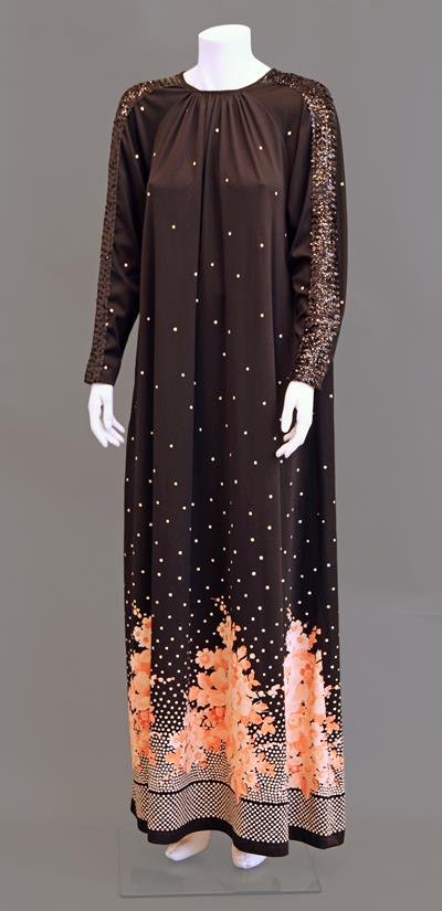 A collection of vintage fashion to include a Jean Varon: A collection of vintage fashion to include a Jean Varon black dress, with floral print to hem and sequin detail to sleeves, a Jean Muir red dress with ivory abstract print, two dresses by Diane Fres,