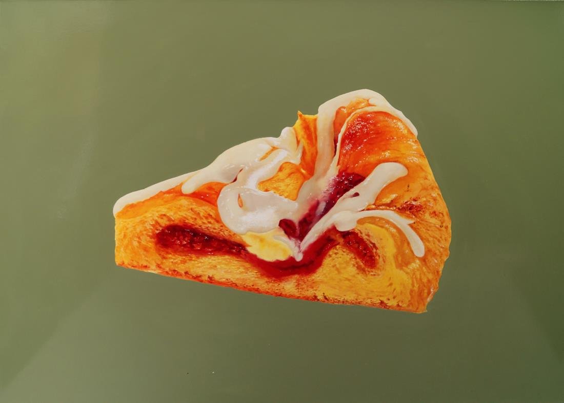 Robert Wilson, British b.1963- A Danish pastry slice;: Robert Wilson, British b.1963- A Danish pastry slice; oil and gloss paint, signed and dated 2000 on the stretcher, 90x122cm, (unframed), (may be subject to Droit de Suite) Provenance: with Houldsworth