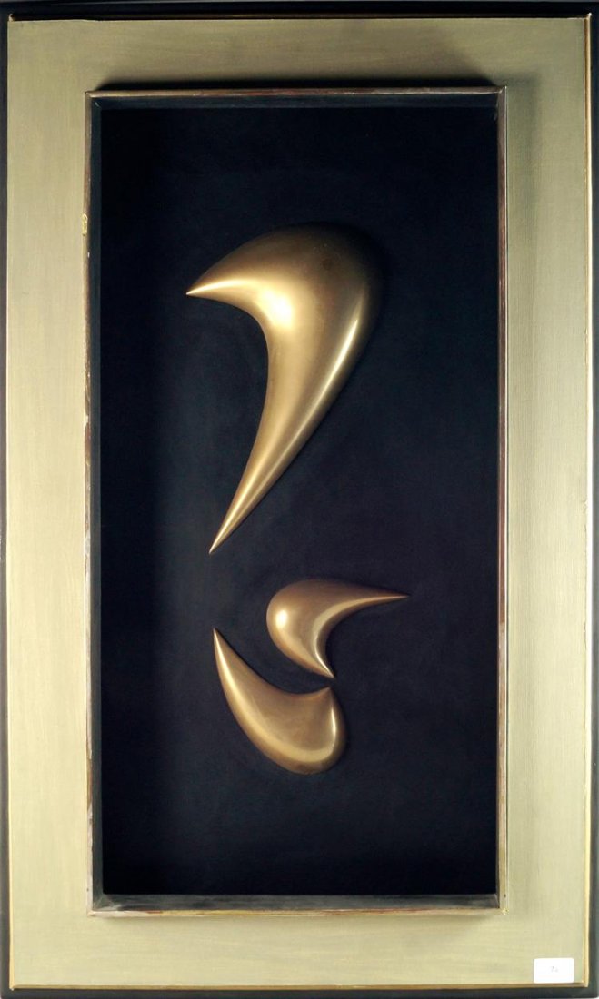Frederick Leslie Kenett FIBP, German/British 1924-2012-: Frederick Leslie Kenett FIBP, German/British 1924-2012- Three abstract crescents; polished bronze mounted and frame, total frame measurements 76x47cm: together with another polished bronze form mounte