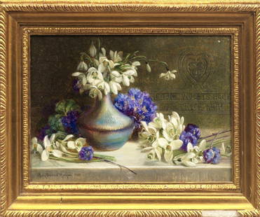 Mary Vernon Morgan ARBSA, British 1862-1928-: Mary Vernon Morgan ARBSA, British 1862-1928- ''Snowdrops and Violets on a Ledge with a Blue Vase''; oil on canvas, signed and dated 1905, 20.5x30.5cm