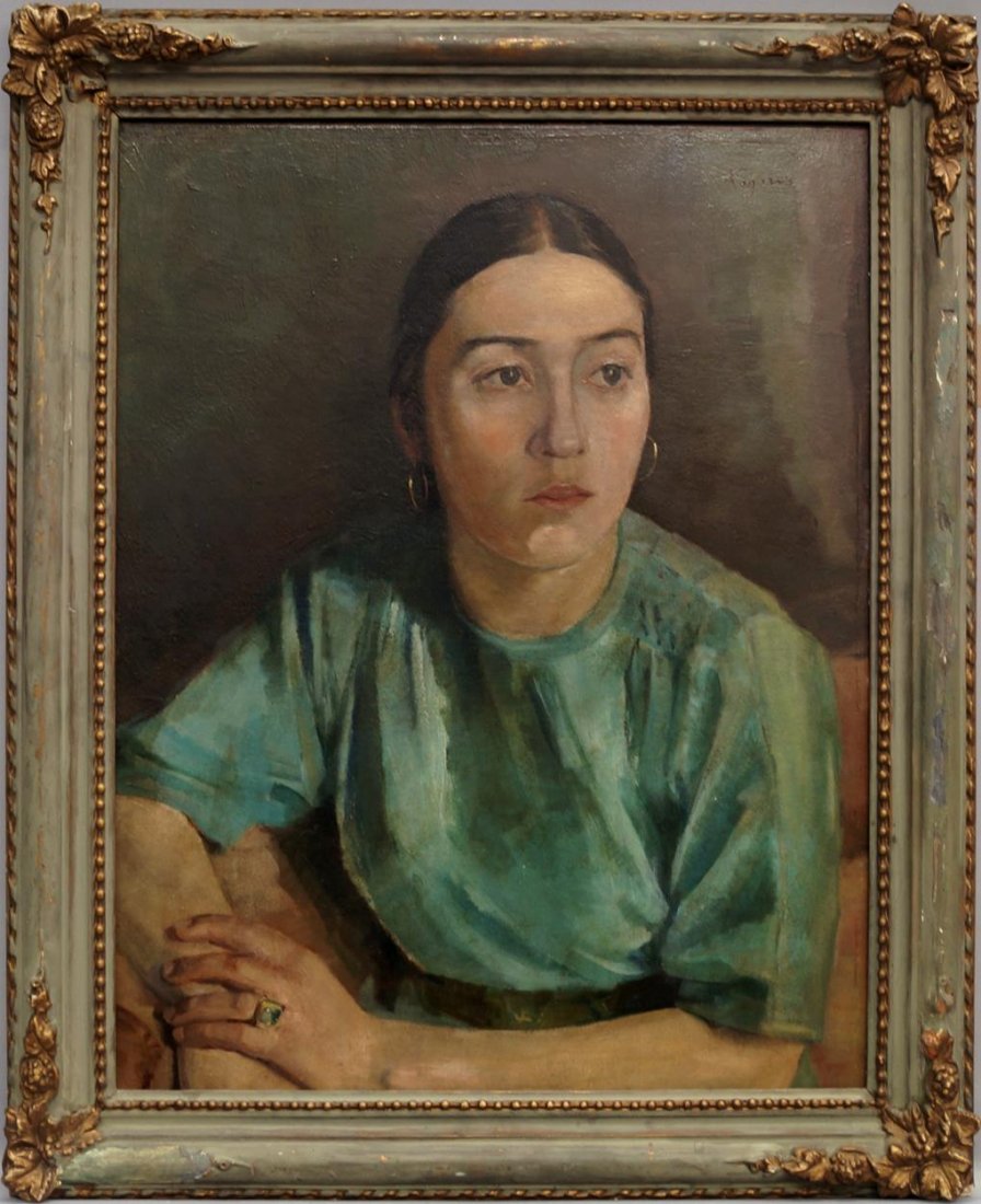 Jose Maria de Togores, Spanish 1893-1970- Portrait of a: Jose Maria de Togores, Spanish 1893-1970- Portrait of a lady, seated half-length in a blue dress; oil on board, signed, 55.5x43cm (may be subject to Droit de Suite)