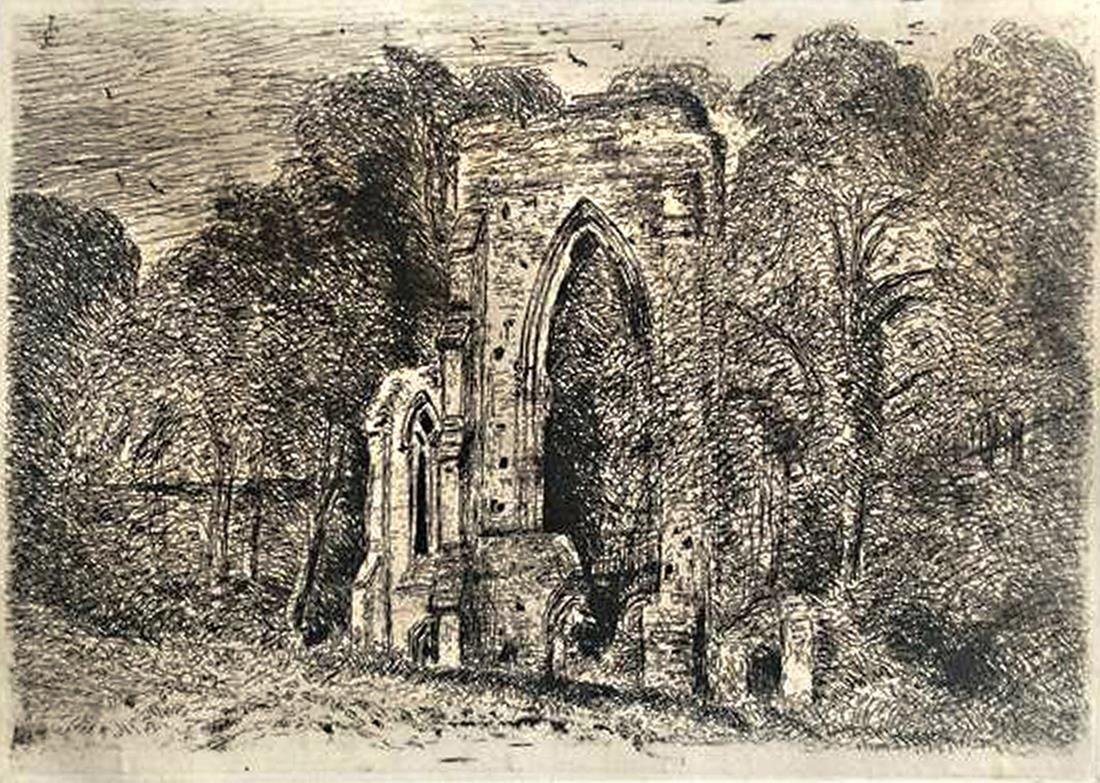 John Constable, RA, British 1776-1837-The Ruins of: John Constable, RA, British 1776-1837-The Ruins of Netley Abbey; etching and drypoint on Chine collé, circa 1825, 13.3x19cm