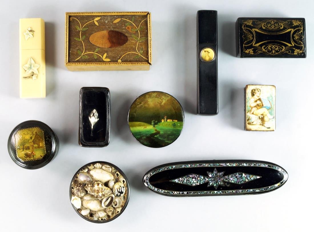 A collection of decorative boxes, mostly 19th century,: A collection of decorative boxes, mostly 19th century, to comprise a circular box with shells to the lid, 6.2cm diameter, a rectangular box with sliding lid, a mother of pearl and black lacquer specta