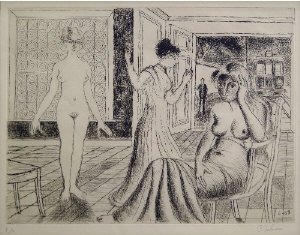 Paul Delvaux, Belgian 1897-1994- ''La Chambre'' 1969;: Paul Delvaux, Belgian 1897-1994- ''La Chambre'' 1969; etching, signed and inscribed 'EA' in pencil, 38.5x51cm,(may be subject to Droit de Suite) Note: a proof aside from the numbered edition of 50