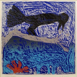 Michael Rothenstein RA HRE, British 1908-1993- Crow: Michael Rothenstein RA HRE, British 1908-1993- Crow eating berries with sun beyond; woodcut printed in colours, signed and inscribed 'Curwen Archive' in pencil, 60x60cm, (may be subject to Droit de Su