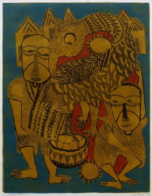 Yinka Adeyemi, Nigerian b.1941- ''Laying Ostrich'' 1973;: Yinka Adeyemi, Nigerian b.1941- ''Laying Ostrich'' 1973; etching with mixed technique, signed, titled and dated 1973 in pencil, 50.2x39.4cm