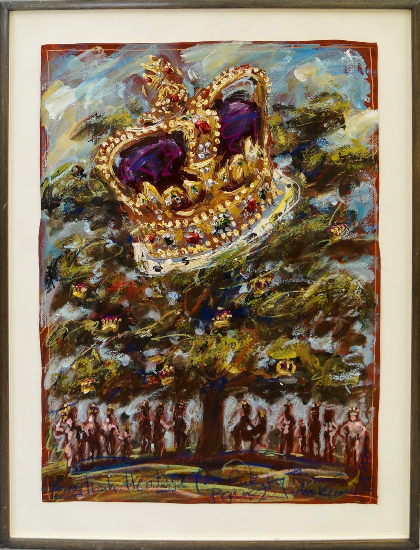 John Keane, British b.1954- ''English Heritage'';: John Keane, British b.1954- ''English Heritage''; acrylic and mixed technique on red brown coloured paper, signed, inscribed with title, dedicated and dated 1990, 77x57cm (may be subject to Droit de S