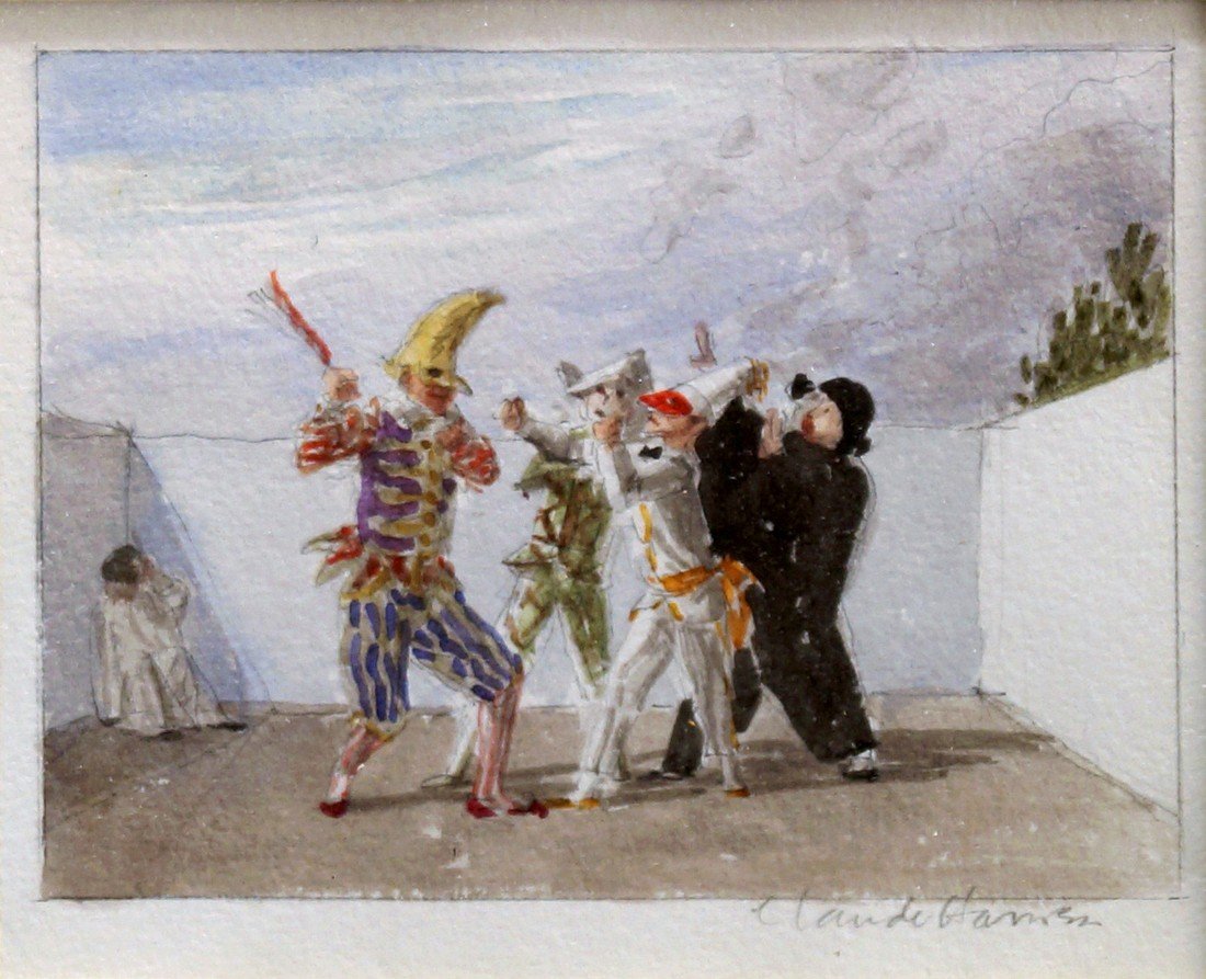 Claude William Harrison, British 1922-2009- ''The: Claude William Harrison, British 1922-2009- ''The Harlequins''; watercolour over pencil, signed in pencil, 10x12cm Provenance: with Dennis Ewen Fine Art Associates, London, according to label attached