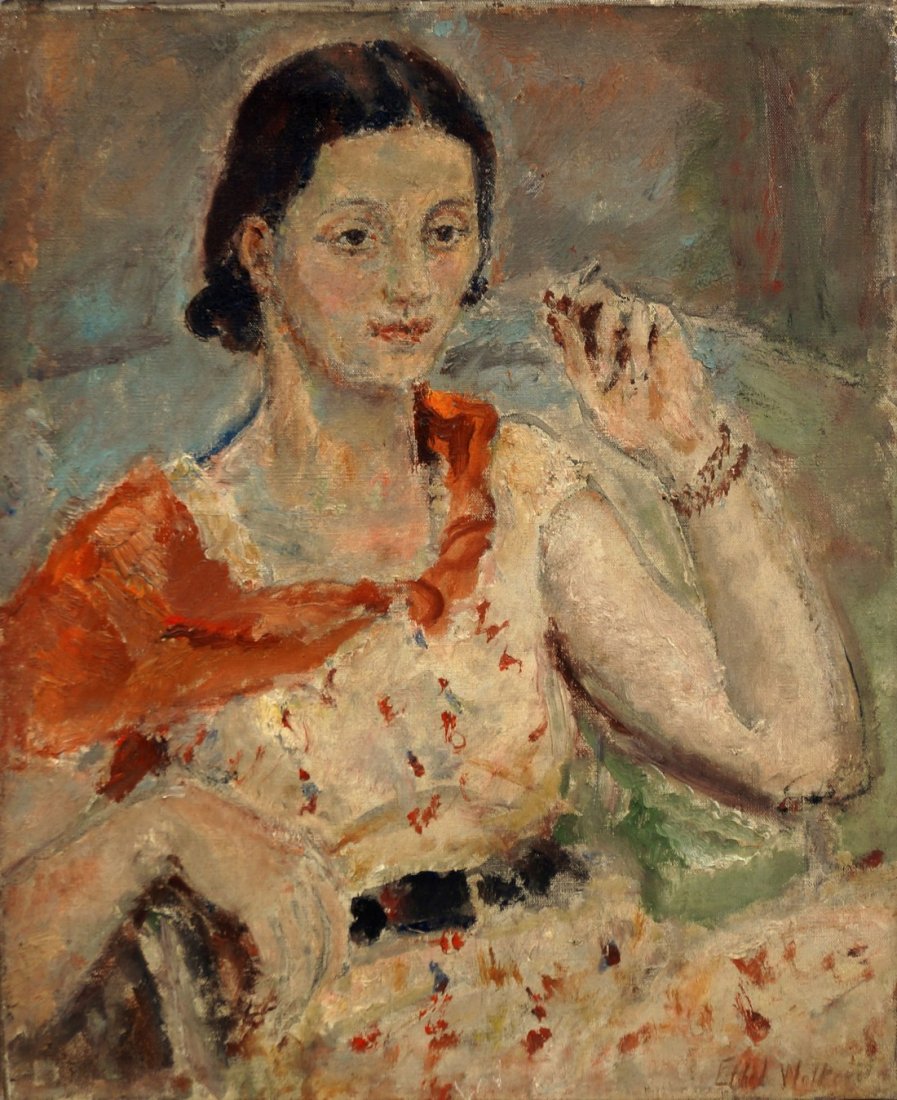Dame Ethel Walker NEA ARA RBA RP DBE British 1861-1951-: Dame Ethel Walker NEA ARA RBA RP DBE British 1861-1951- ''Dark Young Woman Smoking''; oil on canvas, bears inscription on the reverse and applied paper label, 61x50cm., (unframed) (may be subject to D