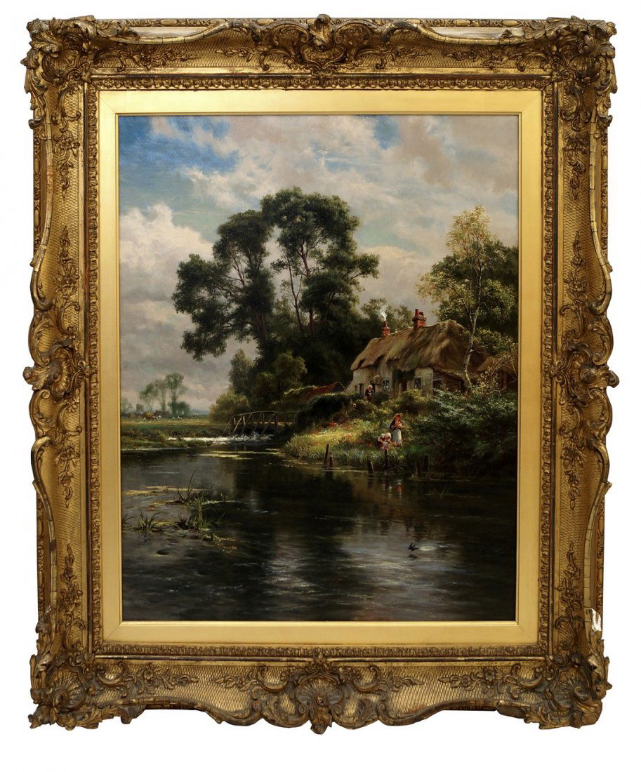Robert Gallon, British 1845-1925- Figures by a thatched: Robert Gallon, British 1845-1925- Figures by a thatched cottage with woodland and a stream; oil on canvas, signed, in a gilt composition Louis XV style swept frame, 76x63.5cm